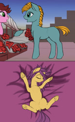 Size: 1610x2611 | Tagged: safe, artist:lunebat, comic:clockwise, buying, colt, comic, female, flower, lying, lying on bed, male, mare, on back