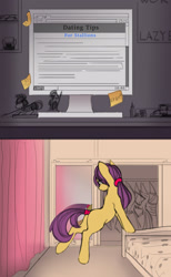 Size: 1610x2611 | Tagged: safe, artist:lunebat, comic:clockwise, bedroom, comic, female, furniture, internet, mare, mirror, monitor, sticky note, table