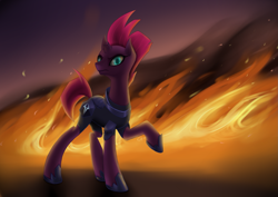 Size: 1837x1302 | Tagged: safe, artist:justcarolineklein, fizzlepop berrytwist, tempest shadow, pony, unicorn, my little pony: the movie, armor, broken horn, female, fire, raised hoof, solo