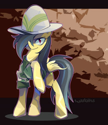 Size: 1600x1852 | Tagged: safe, artist:tyuubatu, daring do, clothes, hair over one eye, hat, looking at you, pith helmet, raised hoof, solo