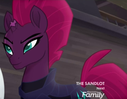 Size: 1028x803 | Tagged: safe, screencap, tempest shadow, pony, unicorn, my little pony: the movie, cropped, discovery family logo, female, mare, smiling, solo, the making of my little pony movie, when she smiles