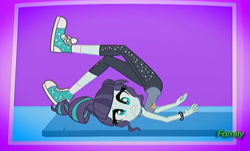 Size: 1108x670 | Tagged: safe, screencap, coloratura, epic fails (equestria girls), eqg summertime shorts, equestria girls, backbend, converse, derp, frown, gritted teeth, ouch, rara, shoes, sneakers, solo, wide eyes, yoga