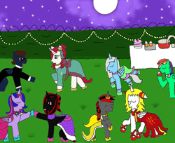 Size: 1097x897 | Tagged: safe, artist:ask-luciavampire, twilight sparkle, twilight sparkle (alicorn), oc, alicorn, bat pony, pegasus, pony, unicorn, alicorn oc, clothes, dancing, dress, eyes closed, female, male, mare, night, prom, red and black oc, stallion, suit, tumblr, tumblr:ask-luciavampire