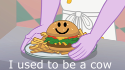 Size: 1920x1080 | Tagged: safe, edit, edited screencap, screencap, coinky-dink world, eqg summertime shorts, equestria girls, apron, asdfmovie, burger, cheeseburger, clothes, diner uniform, discovery family logo, food, french fries, greasy joe, hamburger, image macro, male, meat, meme, plate, tomska