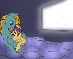 Size: 1610x1298 | Tagged: safe, artist:lunebat, comic:clockwise, colt, comic, couple, female, furniture, hug, love, loving gaze, lying, male, mare, pillow, snuggling, television