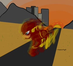 Size: 1270x1142 | Tagged: safe, artist:speedpaintthegod, pony, blue eyes, city, cityscape, clothes, costume, crossover, dc comics, desert, fast, motion blur, ponified, solo, sunset, the flash