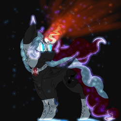 Size: 2560x2560 | Tagged: safe, artist:brokensilence, oc, oc only, oc:mira songheart, alicorn, pony, armor, corrupted, fangs, helmet, magic, nightmarified, simple background, solo, wavy mane, wavy tail