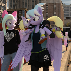 Size: 2000x2000 | Tagged: safe, artist:tahublade7, cloudchaser, dinky hooves, flitter, twinkleshine, anthro, pegasus, plantigrade anthro, unicorn, 3d, bow, bus, carrying, city, clothes, daz studio, fingerless gloves, gloves, heart, hotel, jeans, panties, pants, polka dot underwear, shirt, shoes, skirt, skirt lift, skull and crossbones, sneakers, story included, striped sweater, sweater, t-shirt, underwear, upskirt, white underwear