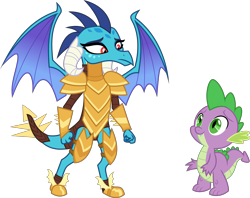 Size: 8094x6400 | Tagged: safe, artist:parclytaxel, princess ember, spike, dragon, gauntlet of fire, .svg available, absurd resolution, armor, dragon armor, female, looking down, looking up, male, simple background, spread wings, transparent background, vector, wings