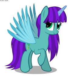 Size: 2845x2950 | Tagged: safe, artist:asika-aida, oc, oc only, oc:melody, alicorn, pony, alicorn oc, female, mare, raised hoof, simple background, smiling, solo, spread wings, transparent background