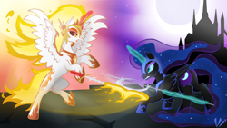 Size: 3840x2160 | Tagged: safe, artist:virenth, daybreaker, nightmare moon, alicorn, pony, a royal problem, duo, female, fight, fire, looking at each other, mare, moon, sisters, sun, weapon