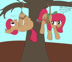 Size: 4096x3549 | Tagged: safe, artist:wenni, oc, oc only, oc:cherry sweetheart, oc:stella cherry, earth pony, pony, absurd resolution, blank flank, bondage, bow, dead tree, dialogue, duo, hair bow, hogtied, onomatopoeia, raspberry, rope, scolding, suspended, tail bow, tied up, tree, unsexy bondage, upside down