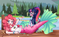 Size: 1480x920 | Tagged: safe, artist:lucy-tan, pinkie pie, sci-twi, twilight sparkle, human, mermaid, equestria girls, glasses, lake, looking at you, smiling, streamers, tree, water