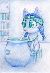 Size: 1364x2000 | Tagged: safe, artist:0okami-0ni, meadowbrook, earth pony, pony, bookshelf, cauldron, female, filly, mare, solo, traditional art, younger