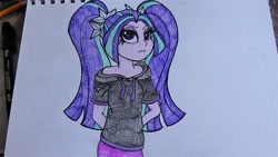 Size: 4032x2272 | Tagged: safe, artist:mlpshimmysunshine123, aria blaze, equestria girls, rainbow rocks, absurd resolution, arm behind back, clothes, hoodie, pants, simple background, solo, traditional art