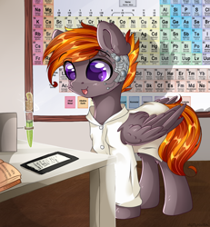 Size: 1024x1109 | Tagged: safe, artist:mitralexa, oc, oc only, pegasus, pony, clipboard, clothes, female, indoors, lab coat, mare, periodic table, smiling, solo, test tube