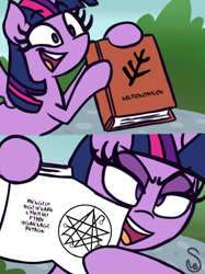 Size: 760x1015 | Tagged: safe, artist:quarium edits, edit, twilight sparkle, twilight sparkle (alicorn), alicorn, book, cthulhu, cthulhu mythos, ed edd n eddy, elder sign, exploitable meme, meme, necronomicon, solo, twilight's fact book