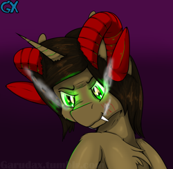 Size: 2526x2469 | Tagged: safe, artist:garudax, oc, oc only, unicorn, chest fluff, devil horns, fangs, glowing eyes, ram horns, smoke