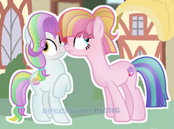 Size: 947x703 | Tagged: safe, artist:spectrumnightyt, coconut cream, toola roola, pony, fame and misfortune, boop, female, lesbian, noseboop, older, scrunchy face, shipping, toolanut, watermark