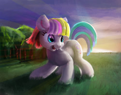 Size: 1660x1300 | Tagged: safe, artist:xbi, toola roola, earth pony, pony, fame and misfortune, cute, female, filly, forest, grass field, happy, mare, open mouth, smiling, solo, tree