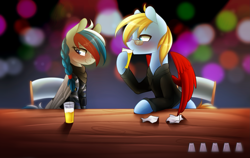 Size: 2781x1761 | Tagged: safe, artist:scarlet-spectrum, oc, oc only, pegasus, pony, alcohol, bar, blushing, braided ponytail, chair, clothes, commission, drink, drinking, duo, female, glass, glasses, male, mare, multicolored hair, smiling, stallion