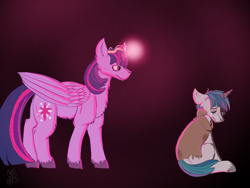 Size: 1600x1200 | Tagged: safe, artist:madamblackatto, stygian, twilight sparkle, twilight sparkle (alicorn), alicorn, shadow play, crying, element of magic, glow, glowing horn, scene interpretation