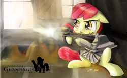 Size: 2500x1530 | Tagged: safe, artist:chopsticks, apple bloom, crossover, female, filly, gun, gunslinger girl, henrietta (gunslinger girl), muzzle flash, p90, solo, text, weapon