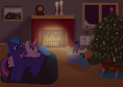 Size: 3507x2480 | Tagged: safe, artist:xaik0x, twilight sparkle, oc, oc:flyghtning, pony, canon x oc, christmas, christmas tree, fireplace, holiday, tree, winter