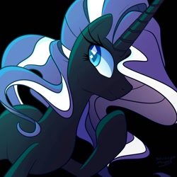 Size: 1280x1280 | Tagged: dead source, safe, artist:strangerdragos, nightmare rarity, pony, unicorn, black background, raised hoof, simple background, solo