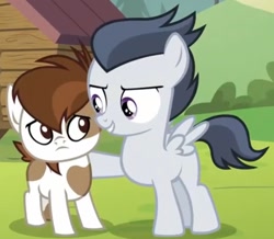 Size: 1297x1132 | Tagged: safe, screencap, pipsqueak, rumble, pegasus, pony, marks and recreation, blank flank, colt, happy, male