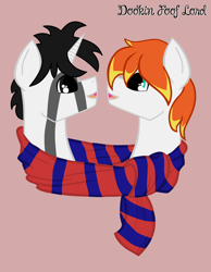 Size: 2322x3000 | Tagged: safe, alternate version, artist:dookin, oc, oc only, oc:dookin foof lord, oc:the mad badger, pony, clothes, cuddling, cute, gay, male, request, requested art, scarf, scarf cuddles, shared clothing, shared scarf, simple background