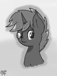 Size: 1050x1400 | Tagged: safe, artist:kimjoman, oc, oc only, pony, unicorn, accessories, bust, cute, digital art, glass, grayscale, looking at you, male, monochrome, portrait, simple background, solo, stallion