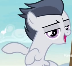 Size: 1354x1242 | Tagged: safe, screencap, rumble, pegasus, pony, marks and recreation, colt, cool, discovery family logo, eyebrows, gangsta, happy, male, open mouth, smug, solo, stupid sexy rumble