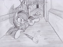 Size: 2256x1701 | Tagged: safe, artist:scribblepwn3, daring do, pegasus, pony, hat, monochrome, pencil drawing, solo, temple, torch, traditional art