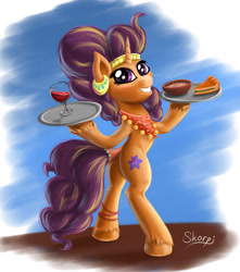 Size: 1648x1863 | Tagged: safe, artist:skorpionletun, saffron masala, pony, bipedal, food, missing accessory, pie, platter, solo, wine glass