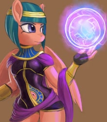 Size: 758x862 | Tagged: safe, artist:raikoh, somnambula, anthro, pegasus, daring done?, belly button, crossover, egyptian, female, mare, menat, simple background, solo, street fighter, street fighter v