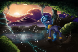 Size: 1600x1082 | Tagged: safe, artist:likelike1, oc, oc only, pond, solo, sunset