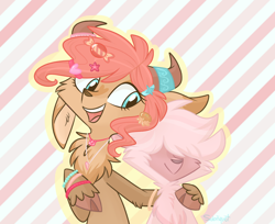 Size: 1024x835 | Tagged: dead source, safe, artist:flourret, oc, oc only, oc:whimsy, oc:whitford, hybrid, female, interspecies offspring, male, offspring, parent:pinkie pie, parent:prince rutherford, parents:pinkieford, siblings, side hug, yakony