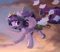 Size: 823x722 | Tagged: safe, artist:bakuel, spike, twilight sparkle, twilight sparkle (alicorn), alicorn, dragon, pony, baby, baby dragon, crown, cute, dragons riding ponies, female, flying, jewelry, male, mare, open mouth, paper, regalia, riding, saddle bag, sky, smiling, spikabetes, twiabetes, wings