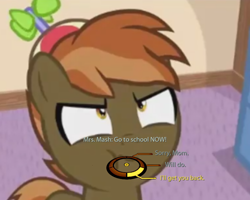 Size: 750x600 | Tagged: safe, artist:jan, edit, button mash, earth pony, pony, angry, beanie, button's adventures, colt, cropped, dialogue wheel, hat, image macro, male, mass effect, meme, solo