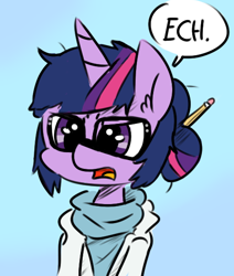 Size: 482x569 | Tagged: artist needed, safe, sci-twi, twilight sparkle, pony, unicorn, 4chan, alternate hairstyle, clothes, disgusted, ech, equestria girls ponified, glasses, hair bun, lab coat, messy mane, open mouth, pencil, ponified, solo, speech bubble, sweater