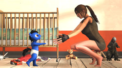 Size: 3020x1698 | Tagged: safe, artist:scalelover, oc, oc only, oc:nick, anthro, kaiju, plantigrade anthro, 3d, adopted, baby, barefoot, child, diaper, feet, female, godzilla, godzilla (series), lara croft, male, mom, mother, son, walking