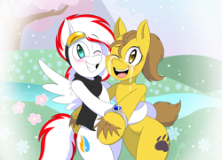 Size: 1384x1000 | Tagged: safe, artist:jase1505, oc, oc only, oc:depth charge, oc:paws, earth pony, pegasus, pony, blushing, clothes, couple, crying, cute, engagement, engagement ring, goggles, happy, looking at you, love, scarf, smiling, tears of joy