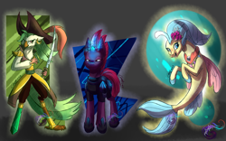 Size: 3200x2000 | Tagged: safe, artist:mysteryart716, captain celaeno, princess skystar, tempest shadow, anthro, pony, seapony (g4), unicorn, my little pony: the movie, amputee, anthro with ponies, armor, female, glowing horn, mare, parrot pirates, pirate, prosthetics, sword, weapon