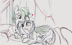 Size: 1920x1200 | Tagged: safe, artist:aurelleah, oc, oc only, oc:ember, oc:emerald stonesetter, pegasus, pony, bed, bedroom eyes, blushing, commission, cuddling, curtains, cute, female, happy, heart, hug, male, ocbetes, pillow, prone, romantic, shipping, simple background, sketch, smiling, snuggling, straight, unshorn fetlocks, window, winghug, wip