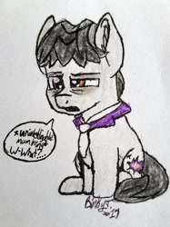 Size: 1832x2443 | Tagged: safe, artist:binkyt11, withers, earth pony, pony, bags under eyes, chibi, ear fluff, henchmen, heterochromia, male, missing accessory, solo, stallion, tired, traditional art