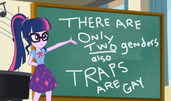 Size: 1460x865 | Tagged: safe, edit, edited screencap, screencap, sci-twi, twilight sparkle, better together, equestria girls, chalkboard, exploitable meme, female, meme, transphobia, twilight sparkle's chalkboard