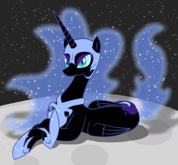 Size: 2138x1982 | Tagged: safe, artist:freudski, nightmare moon, alicorn, pony, armor, female, lying, mare, moon, prone, solo, space, stars