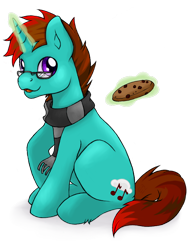 Size: 600x800 | Tagged: safe, artist:tokokami, oc, oc only, oc:pixelsparkle, unicorn, cookie, food, glowing horn, magic, simple background, solo, telekinesis, transparent background