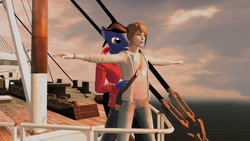 Size: 3020x1698 | Tagged: safe, artist:dominator2001, artist:scalelover, oc, oc only, oc:nick, anthro, human, 3d, anthro oc, couple, flying, life is strange, max caulfield, source filmmaker, titanic